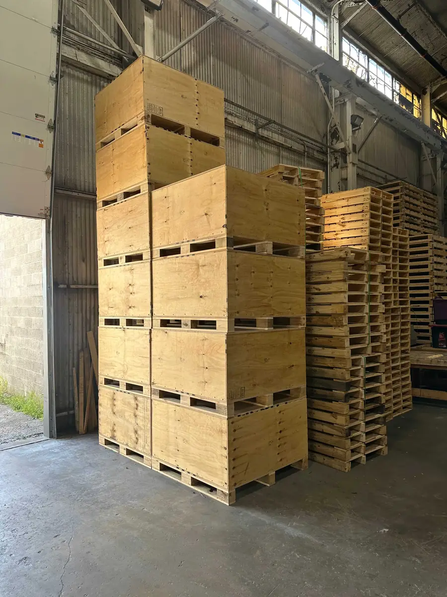 custom crates stacked in warehopuse